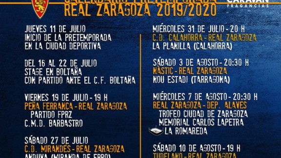Confirmados los horarios de los partidos de pretemporada del Real Zaragoza