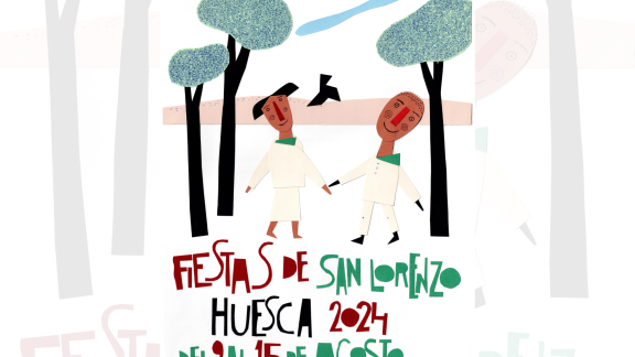 Una pareja peñista y una pajarita, protagonistas del cartel de las Fiestas de San Lorenzo 2024