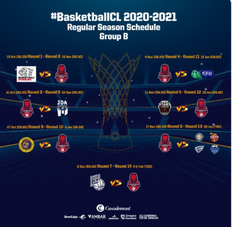 El Casademont Zaragoza ya conoce el calendario de la Basket Champions League