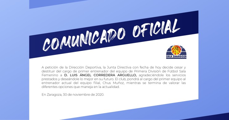 Comunicado del Sala Zaragoza en el que ha anunciado la destitución de Luis Ángel Corredera.