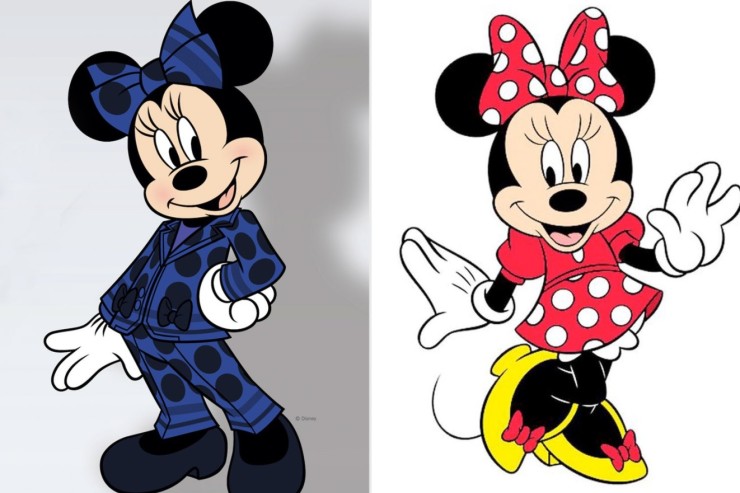 A la izquierda, el personaje Minnie Mouse con su nuevo diseño. A la derecha, con su tradicional falda roja con topos blancos.