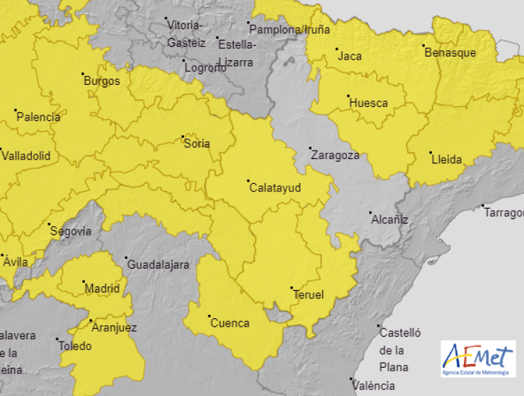 Mapa de las zonas en alerta amarilla por temperaturas mínimas. | Aemet