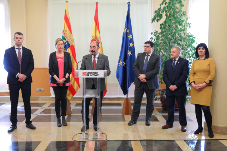 El presidente aragonés, Javier Lambán, durante la presentación este jueves de la ampliación de la empresa. / Gobierno de Aragón